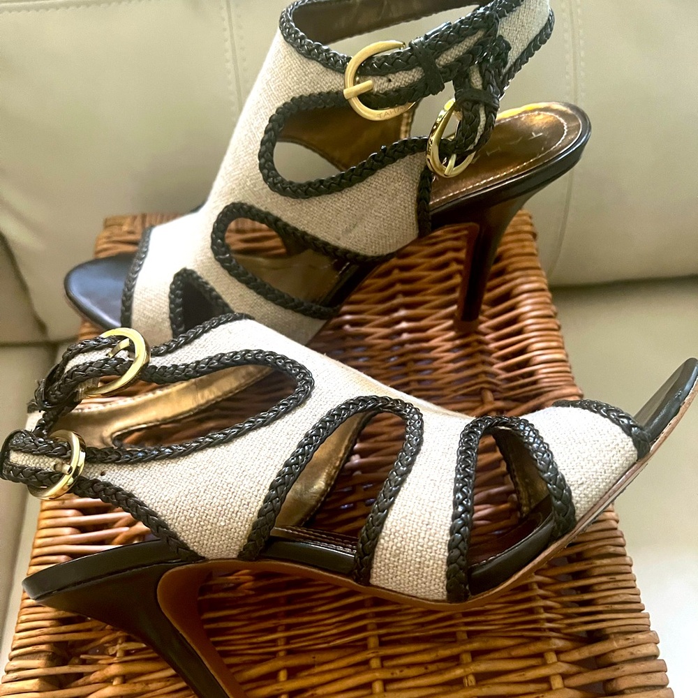 🌿TAHARI•Lexie Heels•Braided Leather and Canvas•Size 9.5